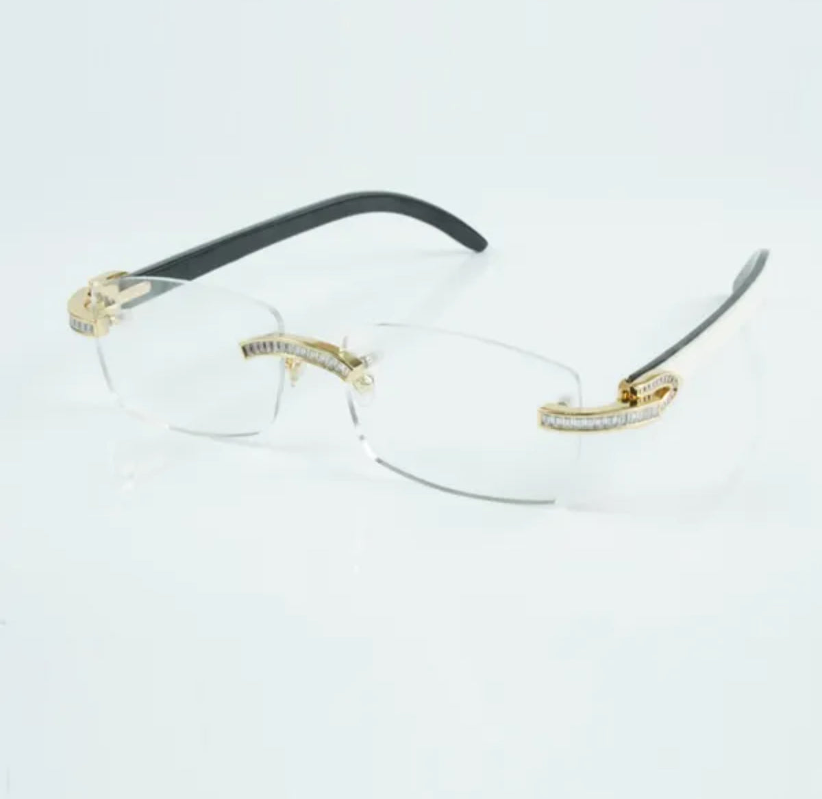 White Buffalo Horn Sunglasses Moissanite Baguette VVS Clarity Stones 💎Size 56 Clear Lenses