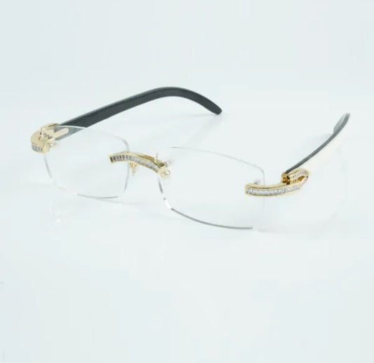 White Buffalo Horn Sunglasses Moissanite Baguette VVS Clarity Stones 💎Size 56 Clear Lenses