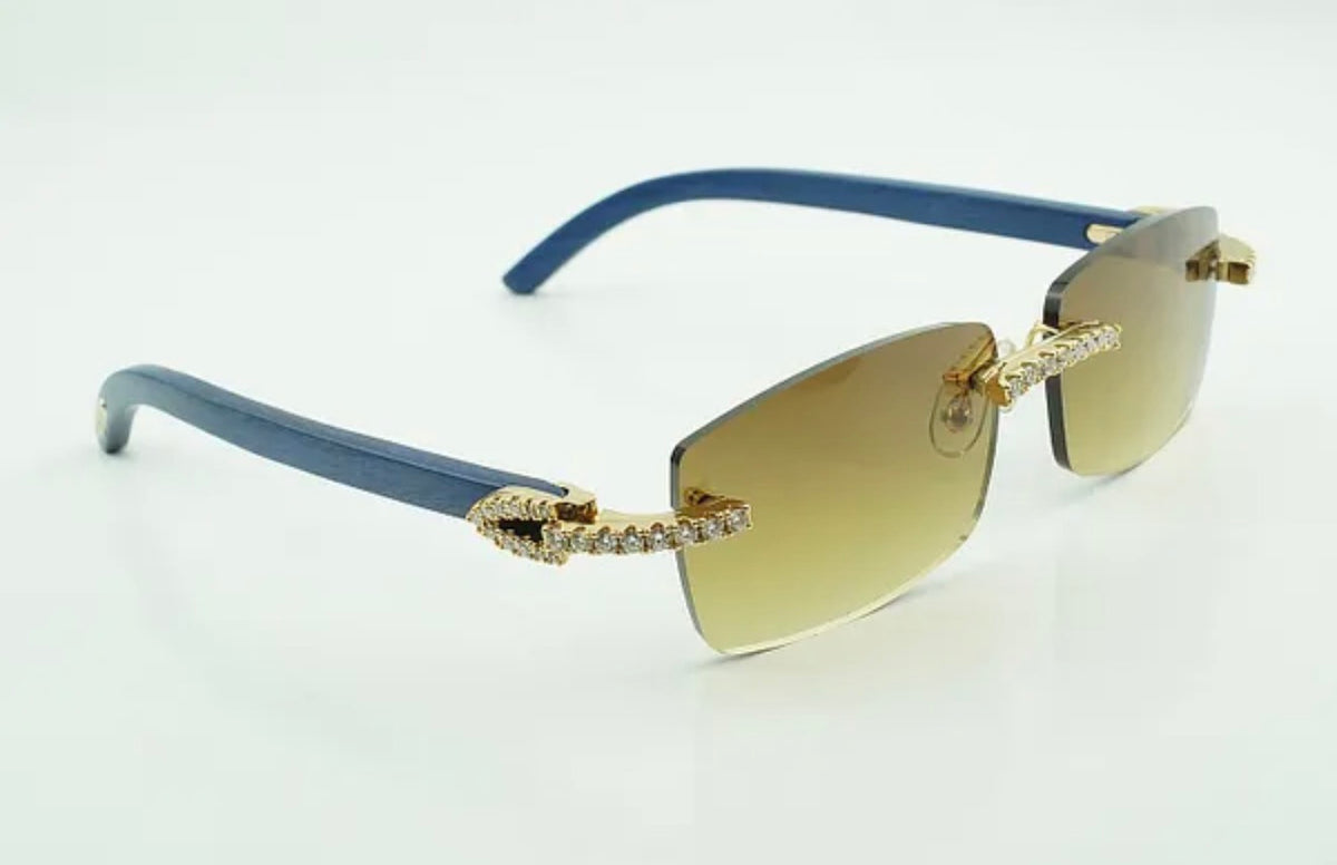⭐️Blue Wood Sunglasses Moissanite VVS Clarity Stones 💎Size 56 Henny Lenses