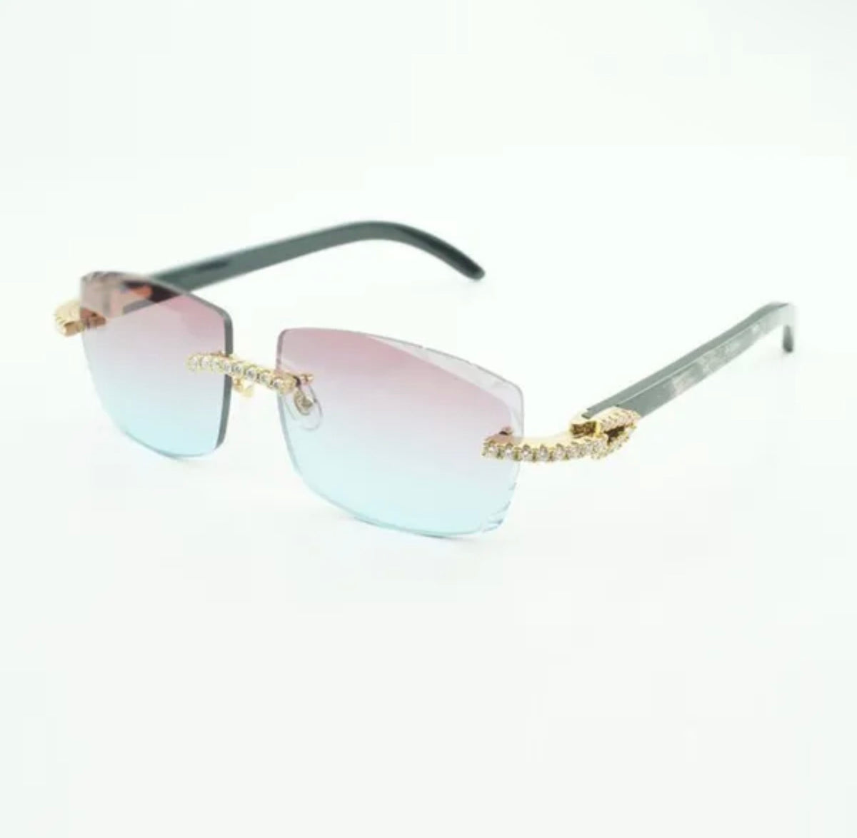 ⭐️Black Buffalo Horn Sunglasses Moissanite Stones Size 57 Purple And Blue Lenses