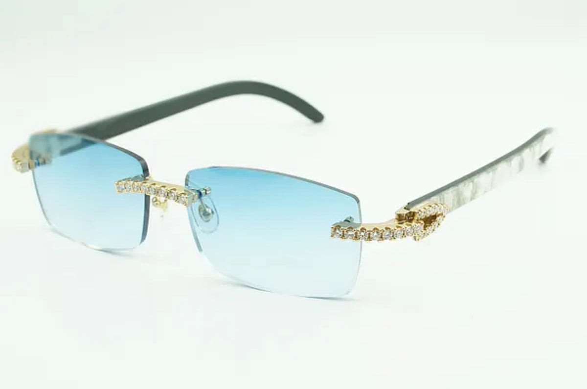 ⭐️White Buffalo Horn Sunglasses Moissanite VVS Clarity Stones 💎Size 56 Blue Lenses