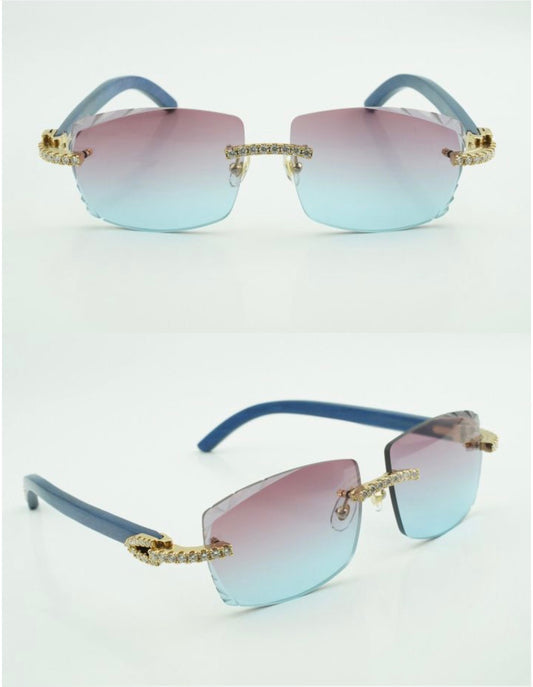 ⭐️Blue Wood Sunglasses Moissanite VVS Clarity Stones 💎Size 57 Purple And Blue Lenses
