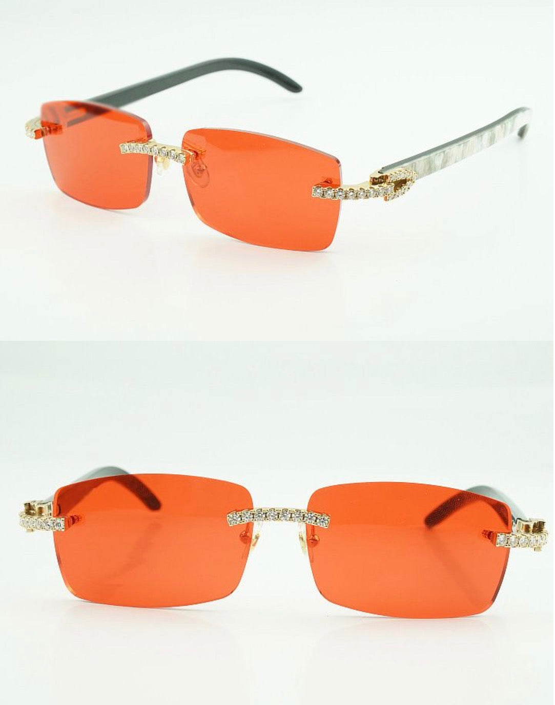 ⭐️White Buffalo Horn Sunglasses Moissanite VVS Clarity Stones 💎Size 56 Red Lenses