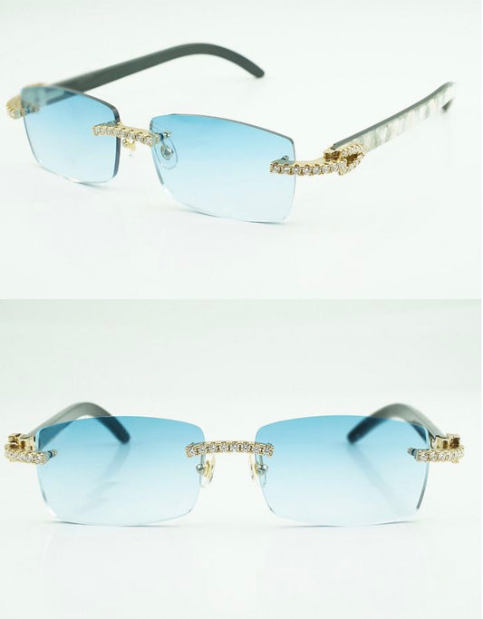 ⭐️White Buffalo Horn Sunglasses Moissanite VVS Clarity Stones 💎Size 56 Blue Lenses