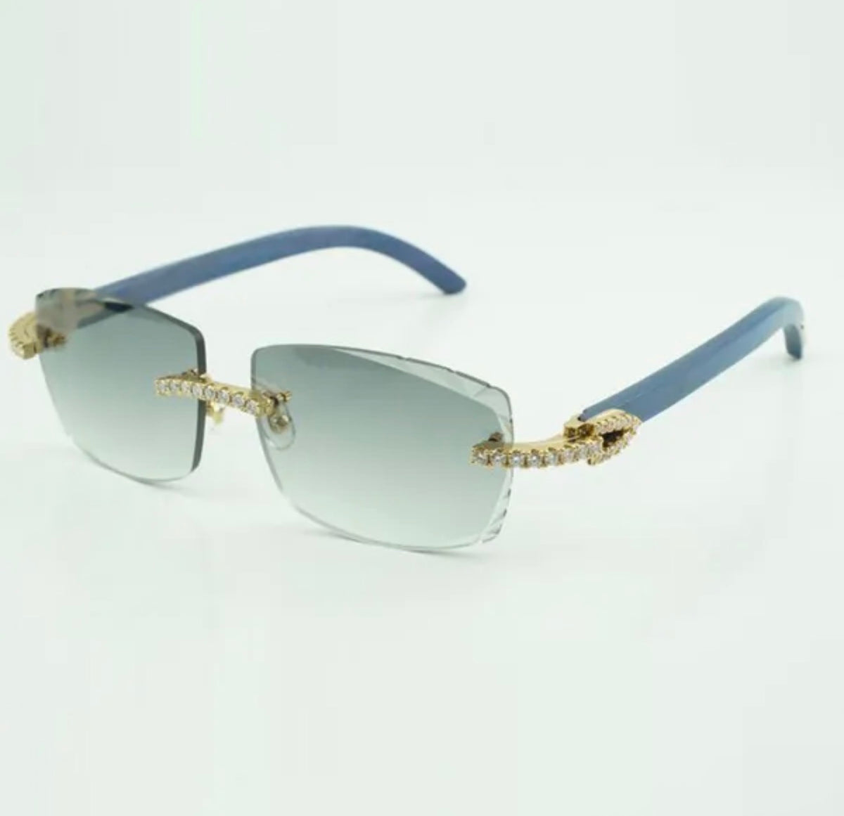 ⭐️Blue Wood Sunglasses Moissanite VVS Clarity Stones 💎Size 57 Grey Lenses