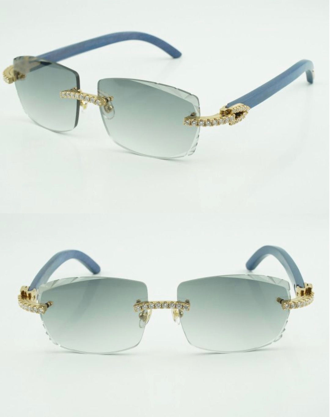 ⭐️Blue Wood Sunglasses Moissanite VVS Clarity Stones 💎Size 57 Grey Lenses