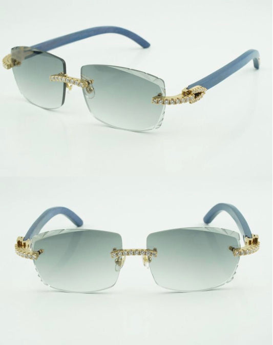 ⭐️Blue Wood Sunglasses Moissanite VVS Clarity Stones 💎Size 57 Grey Lenses