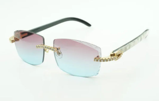 ⭐️White Buffalo Horn Sunglasses Moissanite VVS Clarity Stones 💎Size 57 Blue And Purple Lenses