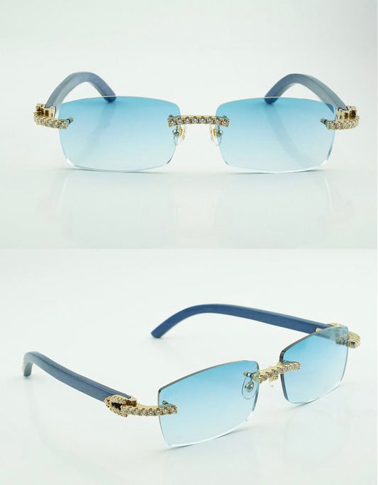 ⭐️Blue Wood Sunglasses Moissanite VVS Clarity Stones 💎Size 56 Blue Lenses