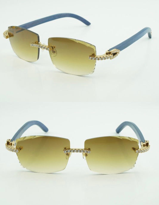 ⭐️Blue Wood Sunglasses Moissanite VVS Clarity Stones 💎Size 57 Henny Lenses