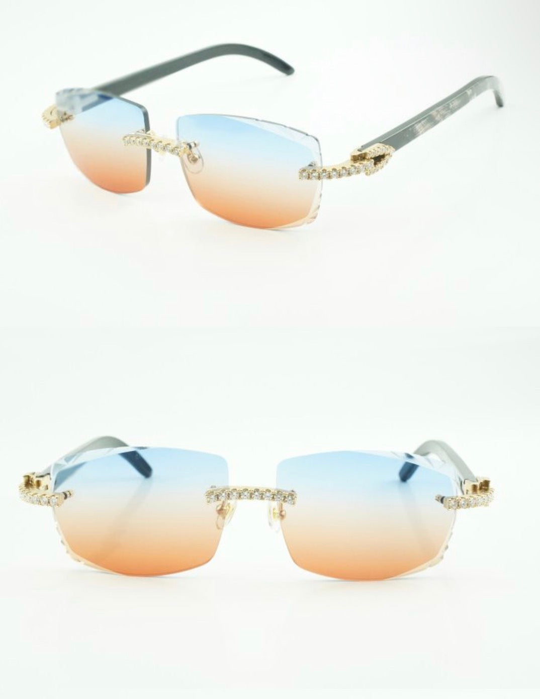 ⭐️Black Buffalo Horn Sunglasses Moissanite Stones Size 57 Blue And Red Lenses