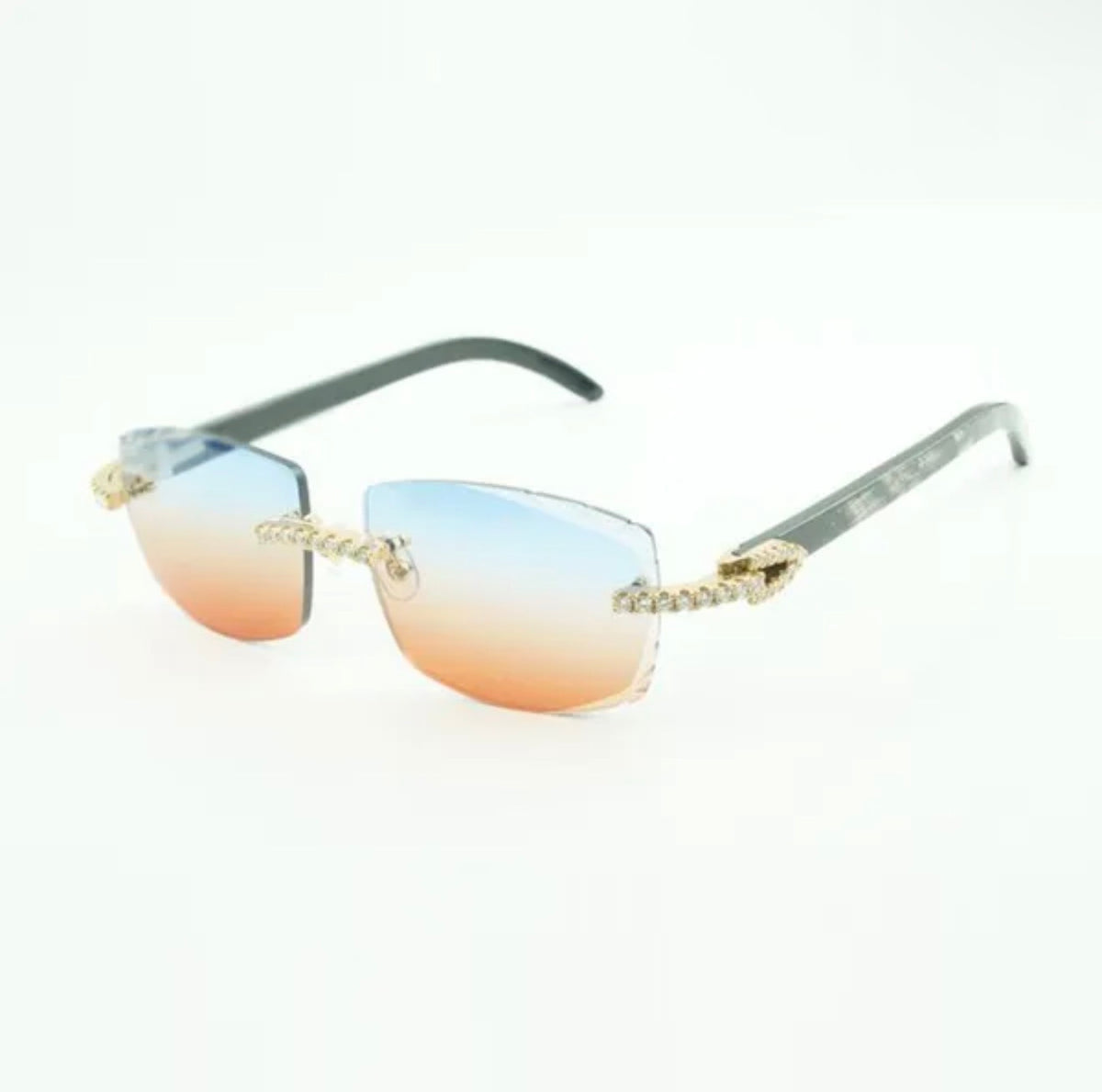 ⭐️Black Buffalo Horn Sunglasses Moissanite Stones Size 57 Blue And Red Lenses