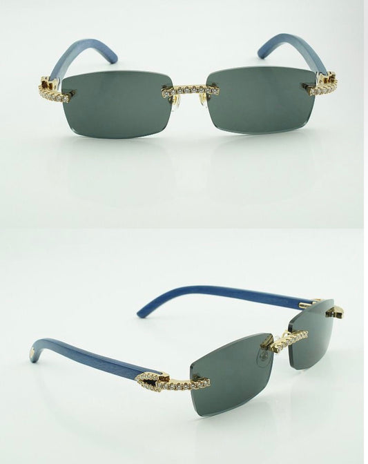 ⭐️Blue Wood Sunglasses Moissanite VVS Clarity Stones 💎Size 56 Black Lenses