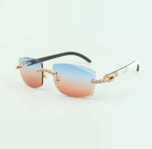 ⭐️White Buffalo Horn Sunglasses Cz Stones Size 57 Red And Blue  Lenses