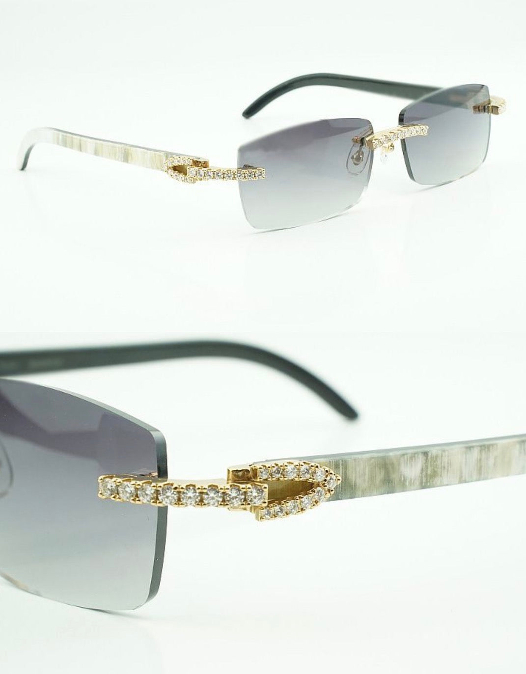 White Buffalo Horn Sunglasses Moissanite VVS Clarity Stones 💎Size 56 Grey Lenses