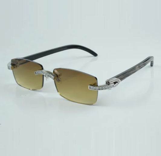 Black Buffalo Horn Sunglasses Moissanite Baguette VVS Clarity Stones 💎Size 56 Henny Lenses