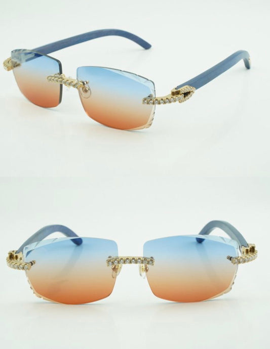 ⭐️Blue Wood Sunglasses Moissanite VVS Clarity Stones 💎Size 57 Blue and Red Lenses