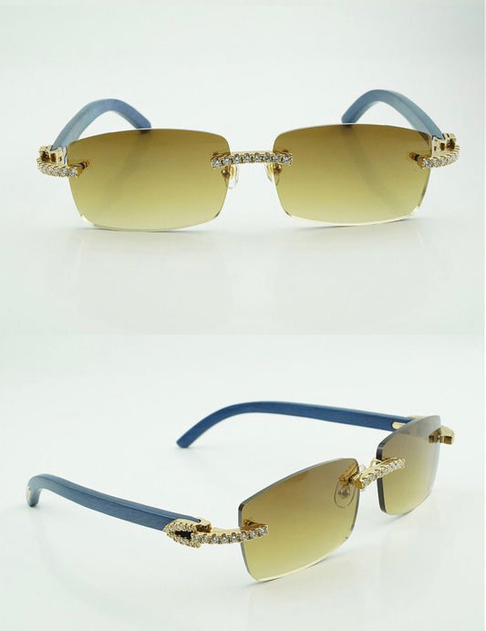 ⭐️Blue Wood Sunglasses Moissanite VVS Clarity Stones 💎Size 56 Henny Lenses
