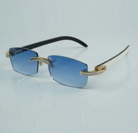 White Buffalo Horn Sunglasses Moissanite Baguette VVS Clarity Stones 💎Size 56 Blue Lenses