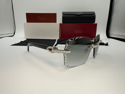 ⭐️ Black Buffalo Horn Sunglasses Moissanite Stones Size 58 Grey Diamond Cut Lenses