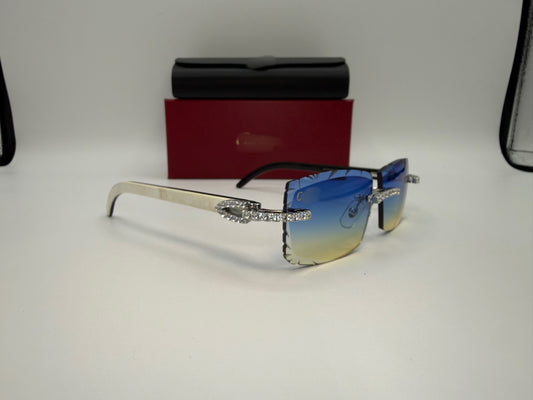 White Buffalo Horn Sunglasses Cz Stones Size 57 Blue And Yellow Lenses