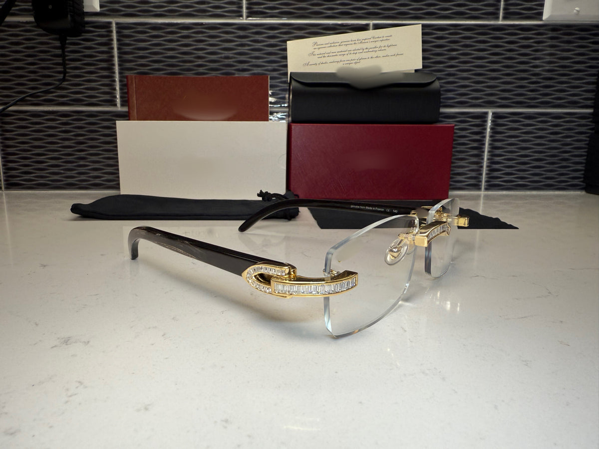 ⭐️ Black Buffalo Horn Sunglasses VVS Moissanite Baguette Stones Size 56 Clear  Lenses