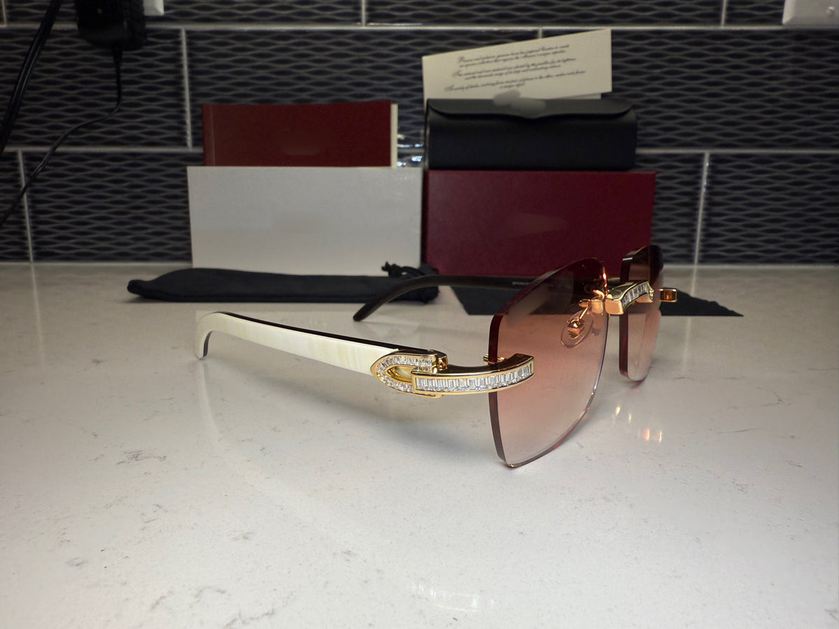 ⭐️ White Buffalo Horn Sunglasses VVS Moissanite Baguette Stones Size 58 Red Lenses