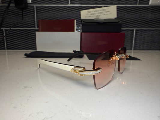 ⭐️ White Buffalo Horn Sunglasses VVS Moissanite Baguette Stones Size 58 Red Lenses