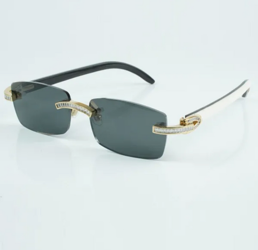 White Buffalo Horn Sunglasses Moissanite Baguette VVS Clarity Stones 💎Size 56 Grey Lenses